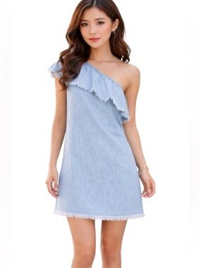 Vince Camuto Chambray Frayed One Shoulder Mini Dress Casual Size X-Small